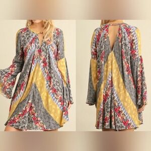 Umgee Dress Multicolor Boho Printed Mini Tunic Bell Sleeve Festival